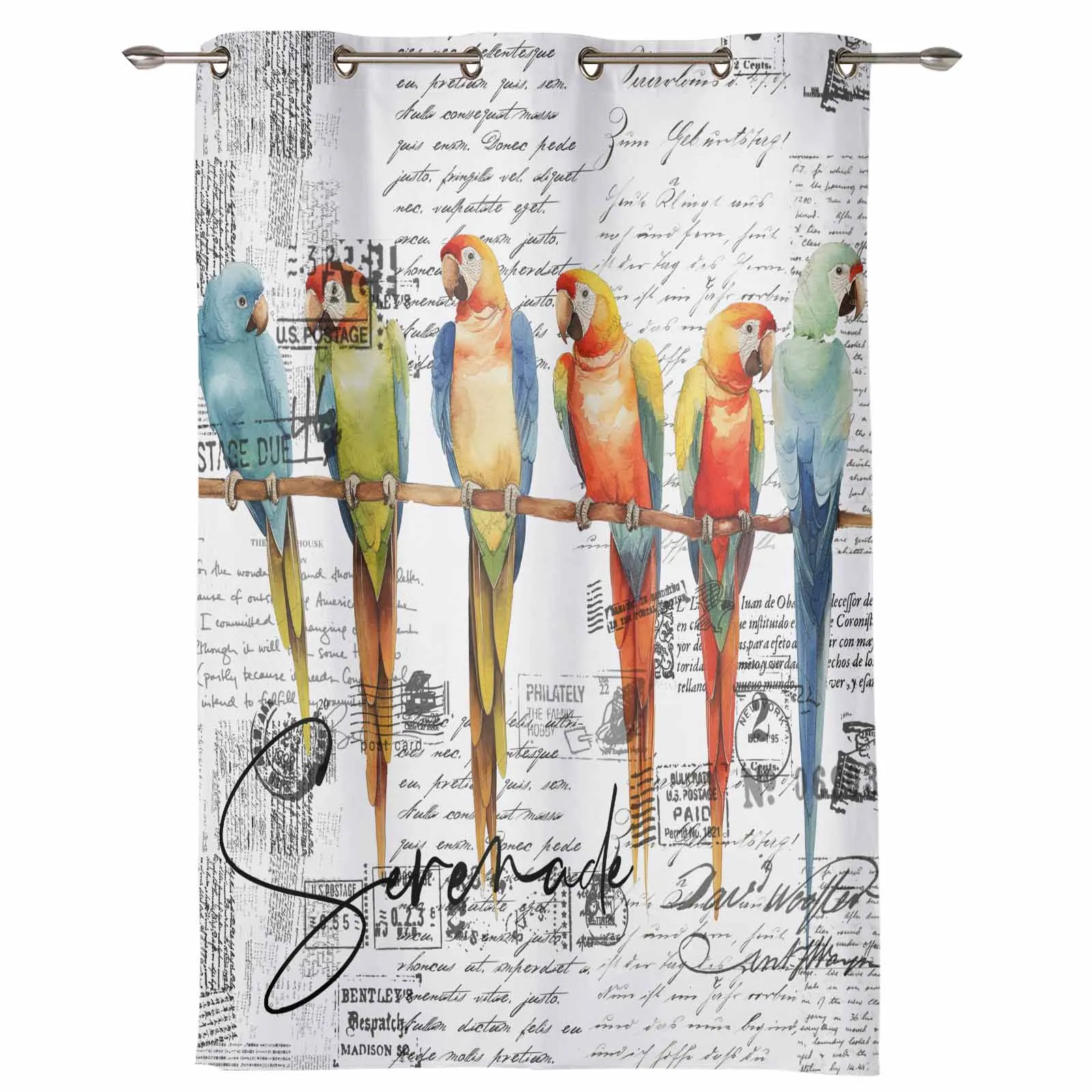 Retro Parrot Handdrawn Envelope Postmark Outdoor Curtain For Garden Patio Drapes Bedroom Living Room Kitchen Window Curtain