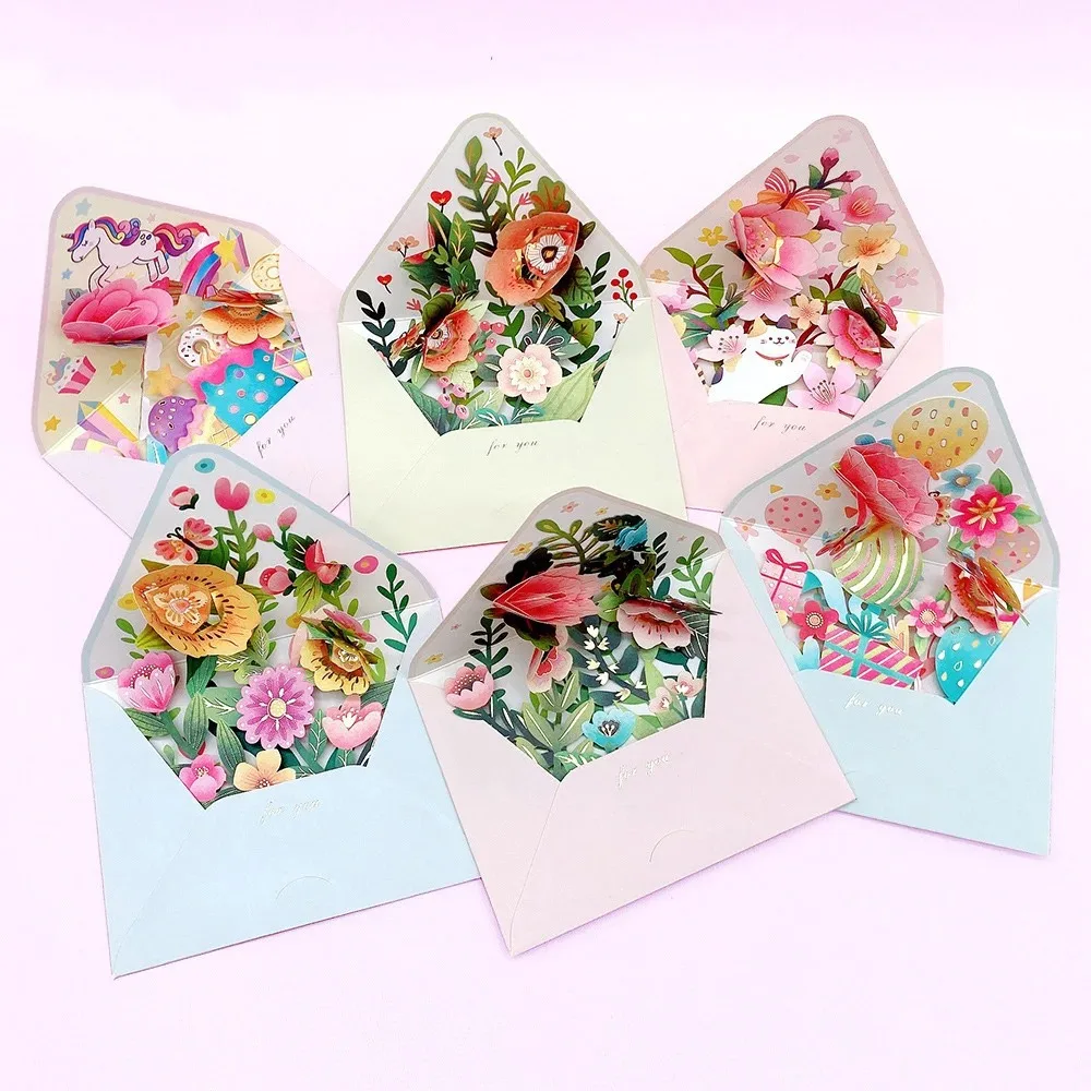 Romantic Flower Birthday Christmas Card with Envelope 3D Pop-up Greeting Cards Valentines Gifts Paper Flowers Postcard