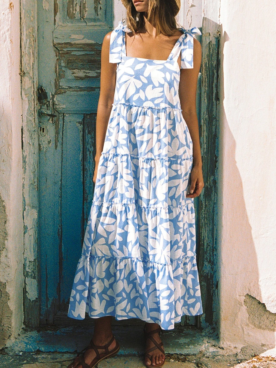 

Женское пляжное платье-комбинация, летние длинные цветочные/полосатые платья с открытой спиной и завязками, Женский богемный свободный сарафан для отпуска