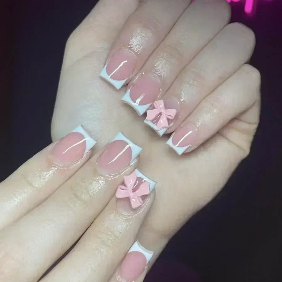24pc Short Square French Fake Nails with Pearl Bow Acrylic Pink False Nail Art Removable Press on Fake Nails Full Cover Nail Tip