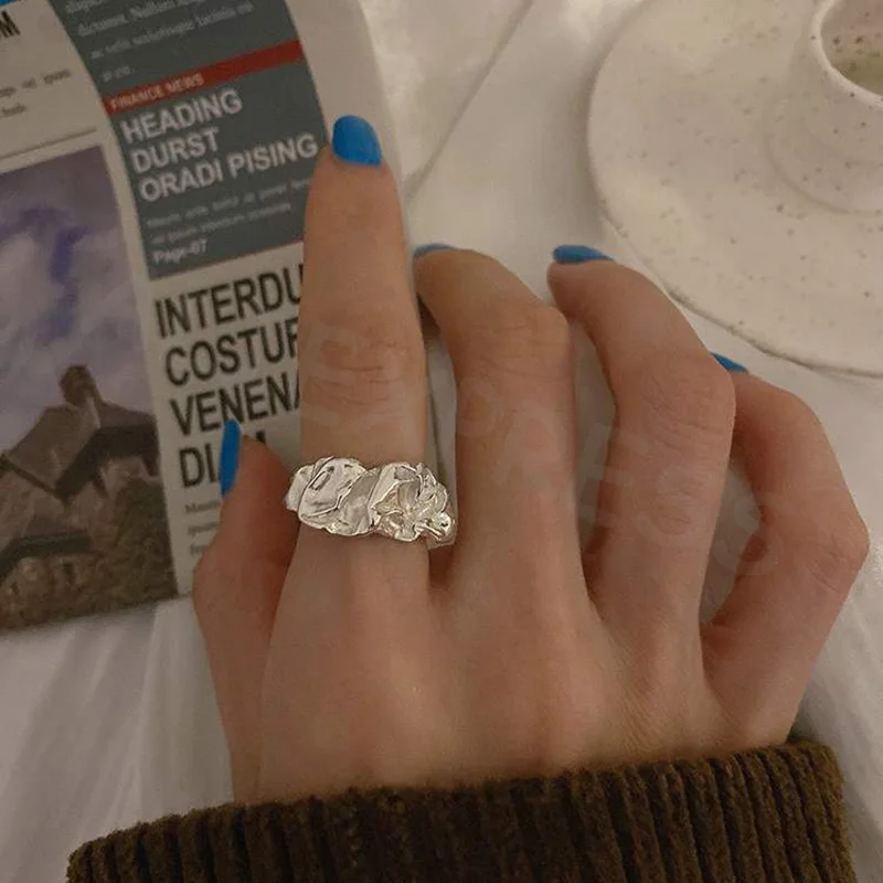 خاتم مفتوح فضي اللون للأزياء الراقية، تصميم هندسي غير منتظم، إكسسوار حفلات مثالي للنساء، فكرة هدية مثالية