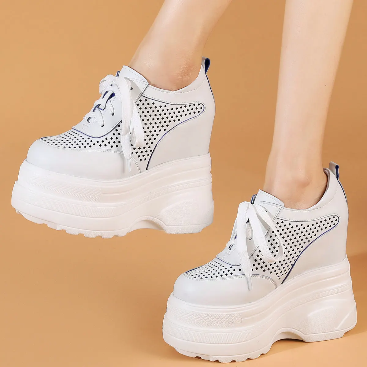 Zapatos de tacón alto de 16cm, zapatos de talla grande, botines de cuña de cuero de vaca para mujer, zapatillas de deporte a la moda con punta redonda, sandalias de talla grande