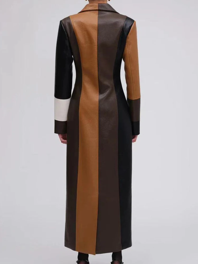 

Elegant High Waist Pocket Maxi Dress Autumn Winter New Color Blocked PU Leather Dress Trendy Casual V-neck Women's Commute Dress