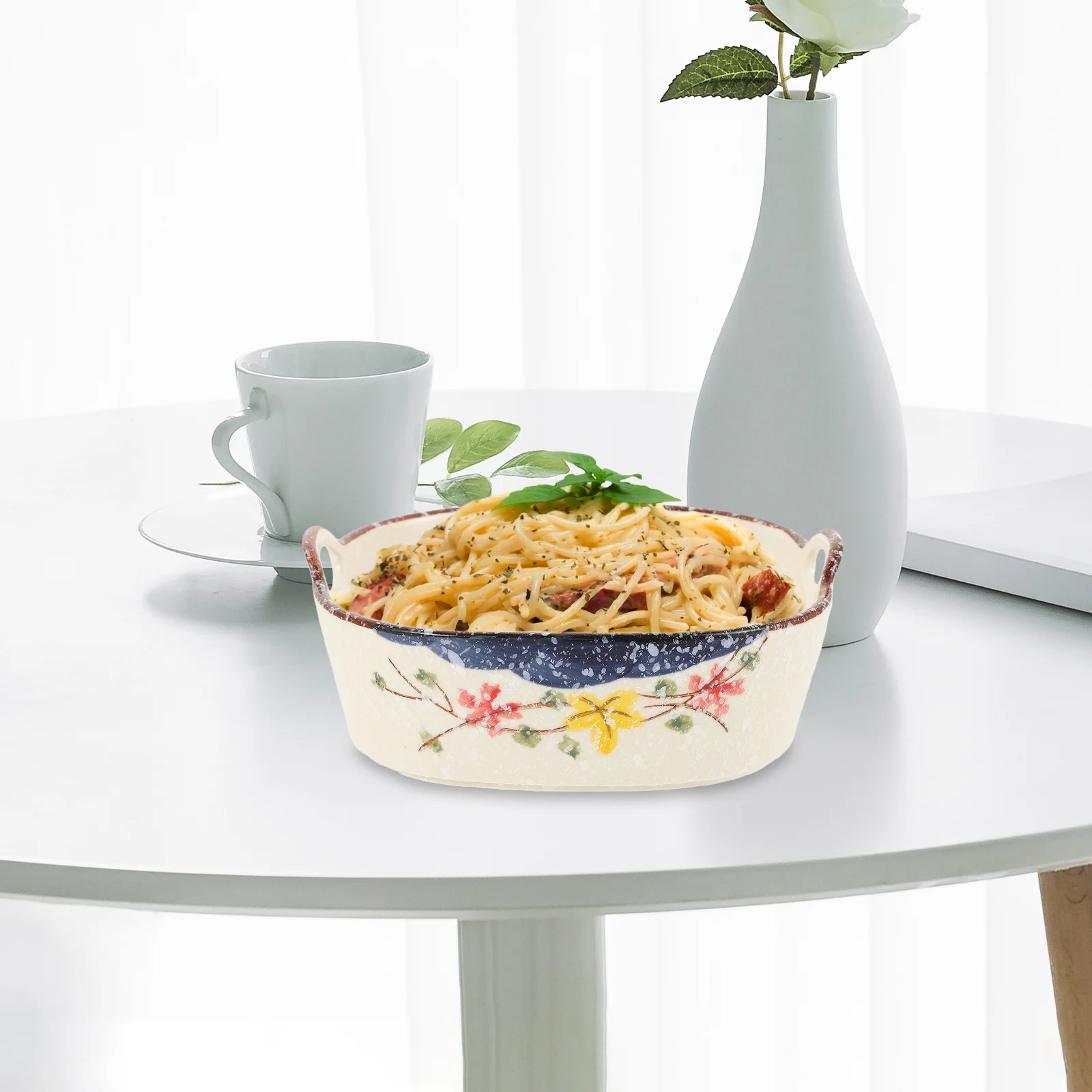 

Double Handle Ceramic Porcelain Bowl Large Soup Noodle Salad Serving Bowl for Home Hotel Food Supplies