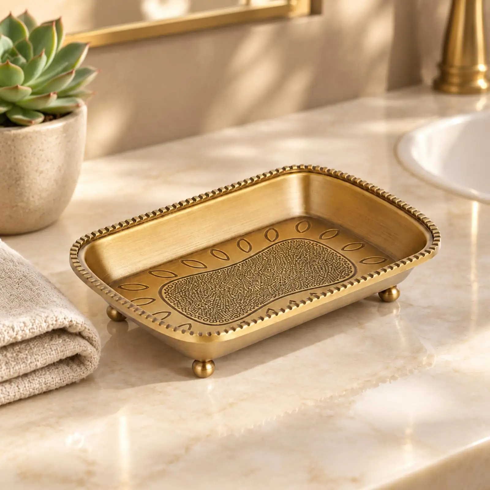 Premium Brass Soap Holder for Washbasin Gold Tone Metal Soap Dish with Drain Tray Raised Sides Compact Size for Bathroom