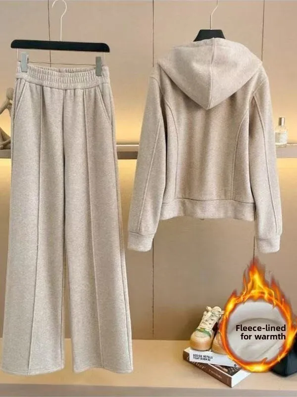 Winter Women's Fleece Lined Loose Fit Outfit Two Piece Set High Waist Long Pants Hoodie Wide Leg Pants Fashionable plus Size