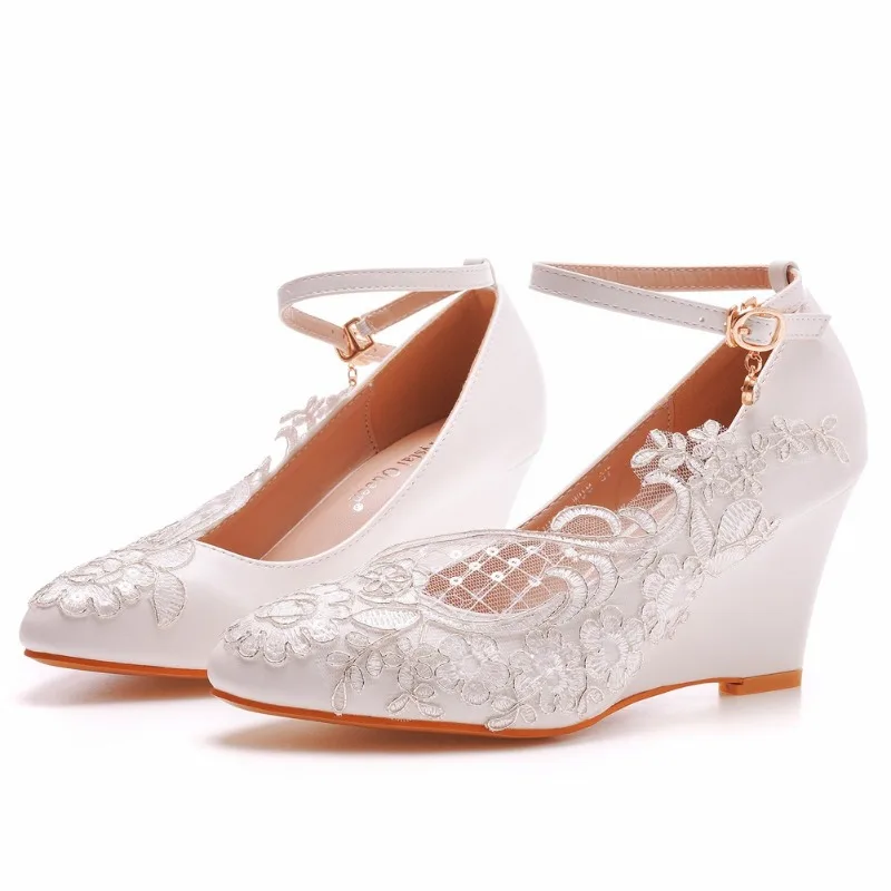 Woman Pumps Brand Design Lady Round Toe Lace Buckle Strap PU 8CM Wedges Lady Wedding Korean Style Women Shoes White