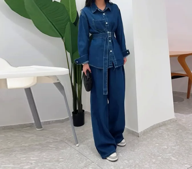 

Single Breasted Long Sleeved Belt Long Pants Denim Two-Piece Set