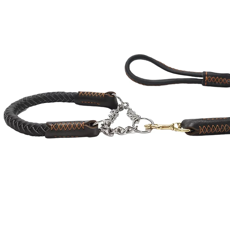 Slip Dog Collar Leather Large Dog Collar eight-strand Braided Collar Real Leather Collar big Stainless steel Collar for a dog