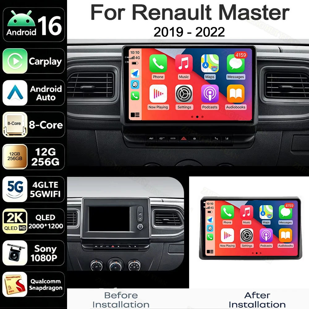 Android 16 for Renault Master 2019 - 2022 10.1 inch Car Multimedia Radio Player GPS Navi DSP Stereo QLED Touch Screen 4G WiFi