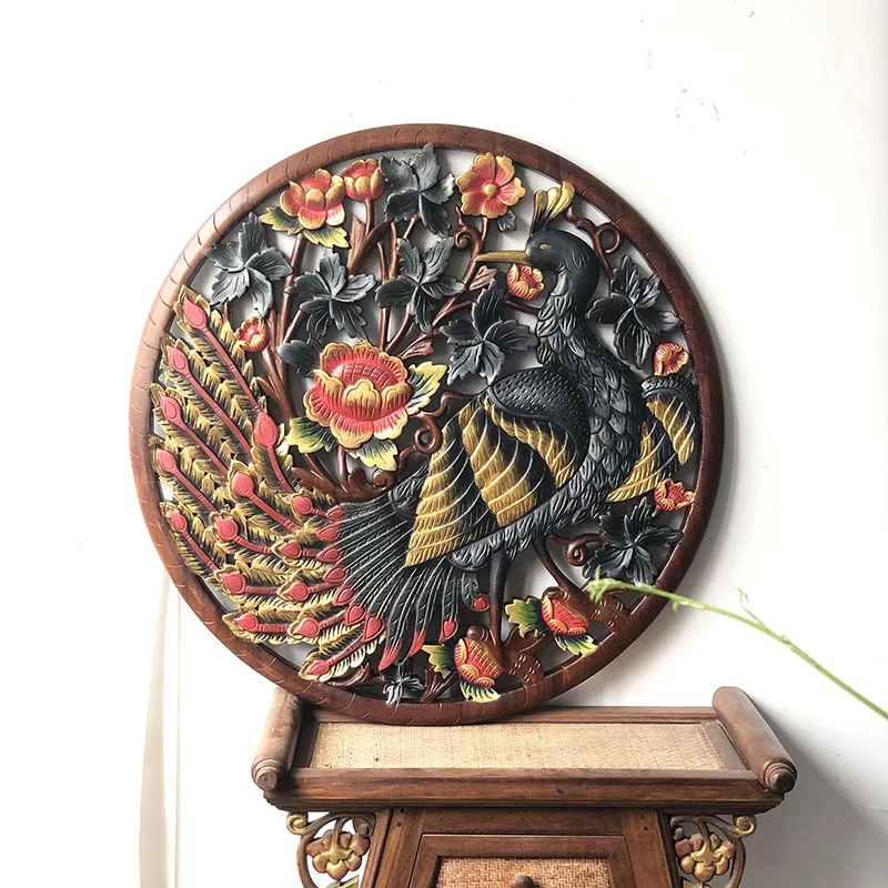 Exotic hand-painted round peacock hollow wood carved board living room solid wood wall decoration hanging screen