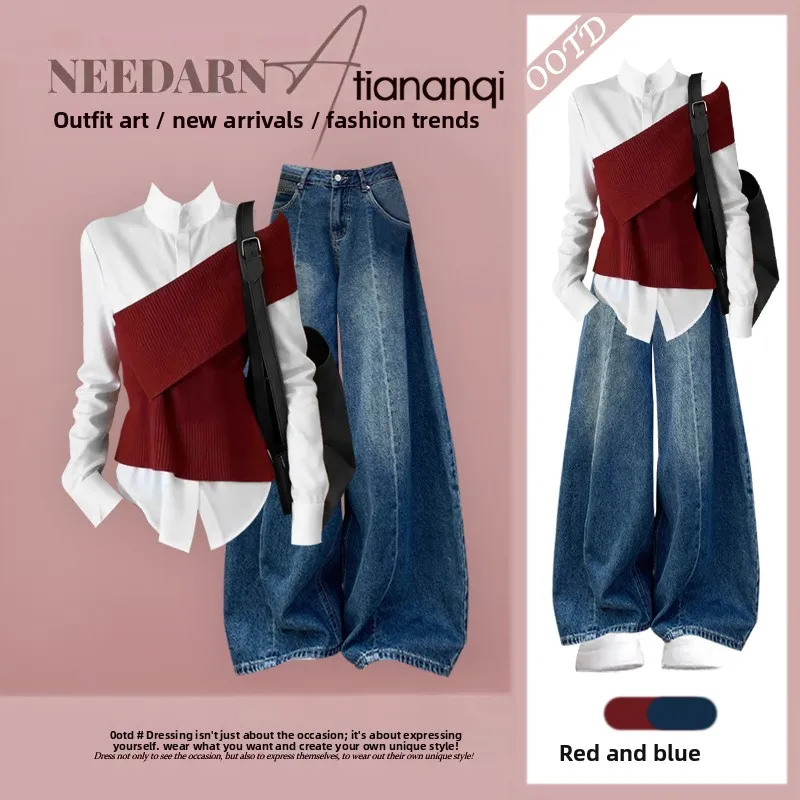 

Korean Sle High Waist Slimming Denim Two-Piece Set Long Sve irt Top And Jeans Spring Faion Women's Ensemble