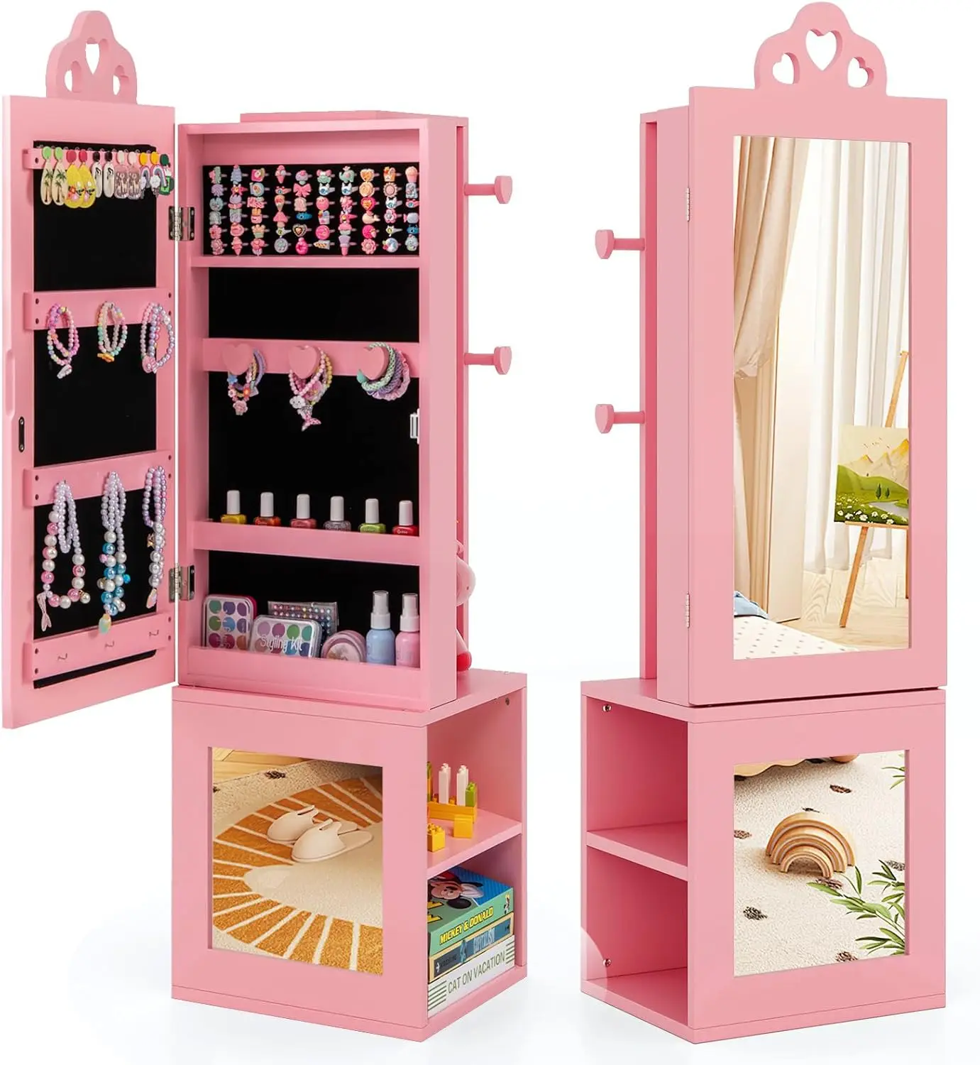Jewelry Armoire Cabinet,Wooden Standing Jewelry Organizer with Full-length Mirror and Garment Rack, 2 Tier Storage Shelves, for Women(Pink)