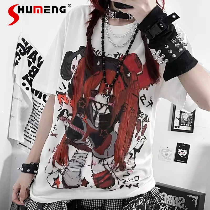 

Asian Culture Punk Millennium Hot Girl 2D Mine Rock Cartoon T-shirt Women Summer New Streetwear Fashion Loose Tees Mini Skirt