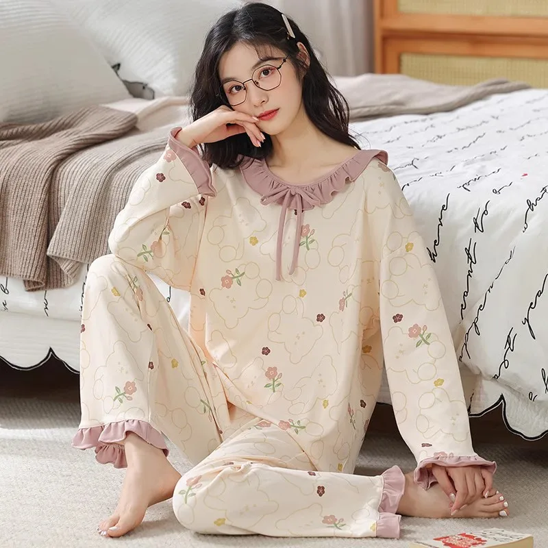 

100% Cotton Pajamas Women's Spring And Autumn Long Sleeved Pants Summer 2023 New Winter Home Furnishing Set Round Neck Printing