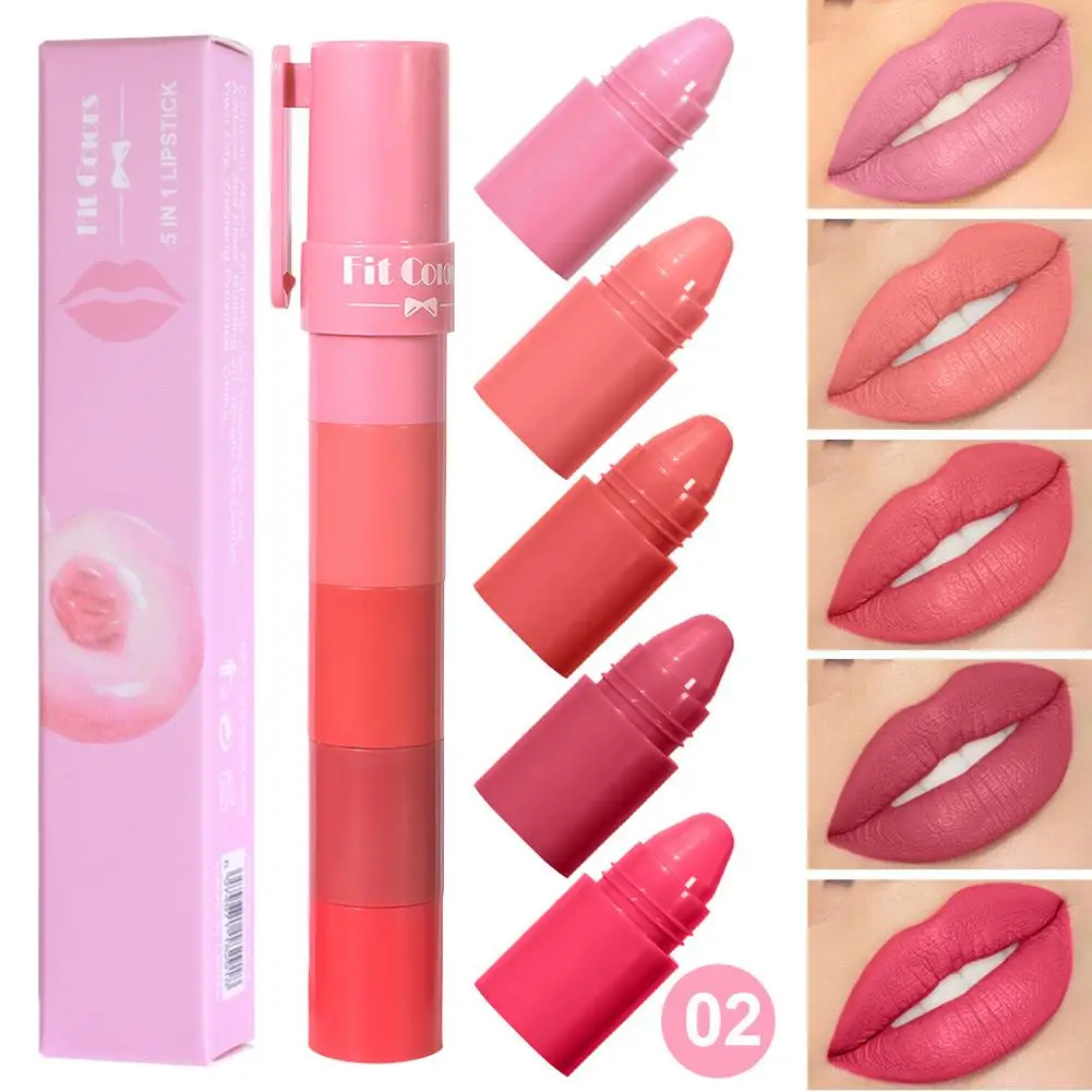 Fit สีผลไม้ห้าส่วน Velvet Matte ลิปสติก 5in1 ลิปสติกยาวนาน 1.2g * 5 แต่งหน้า K8J1