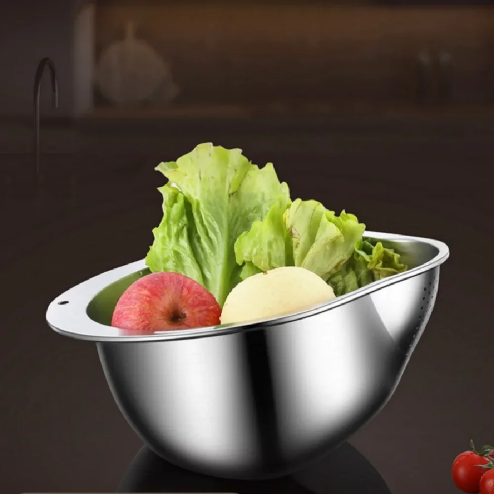 

Stainless Steel Rice Washing Bowl with Drain Holes, 2-in-1 Vegetable Fruit Strainer Colander Basket for Kitchen Sink