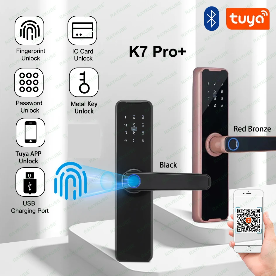 RAYKUBE Biometryczny zamek do drzwi z czytnikiem linii papilarnych K7 Pro+ Czarny inteligentny zamek Tuya App Bluetooth Odblokuj zamek bezkluczykowy