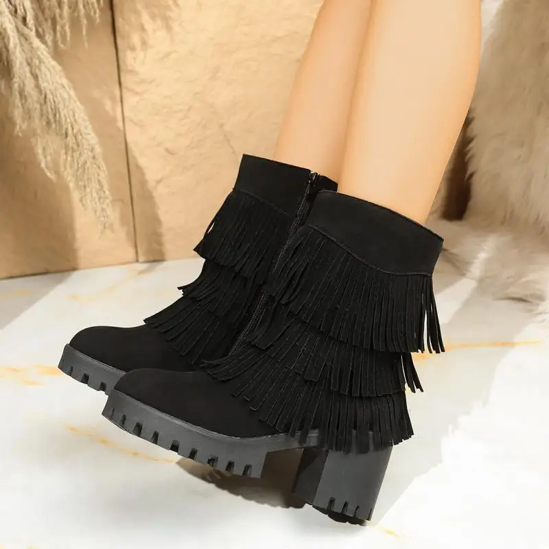 

Bohemia Tassel Solid Black Suede Boots Women Autumn Fashion High Heel Side Zip Mid Calf Booties Non Slip Chunky Platform Boots