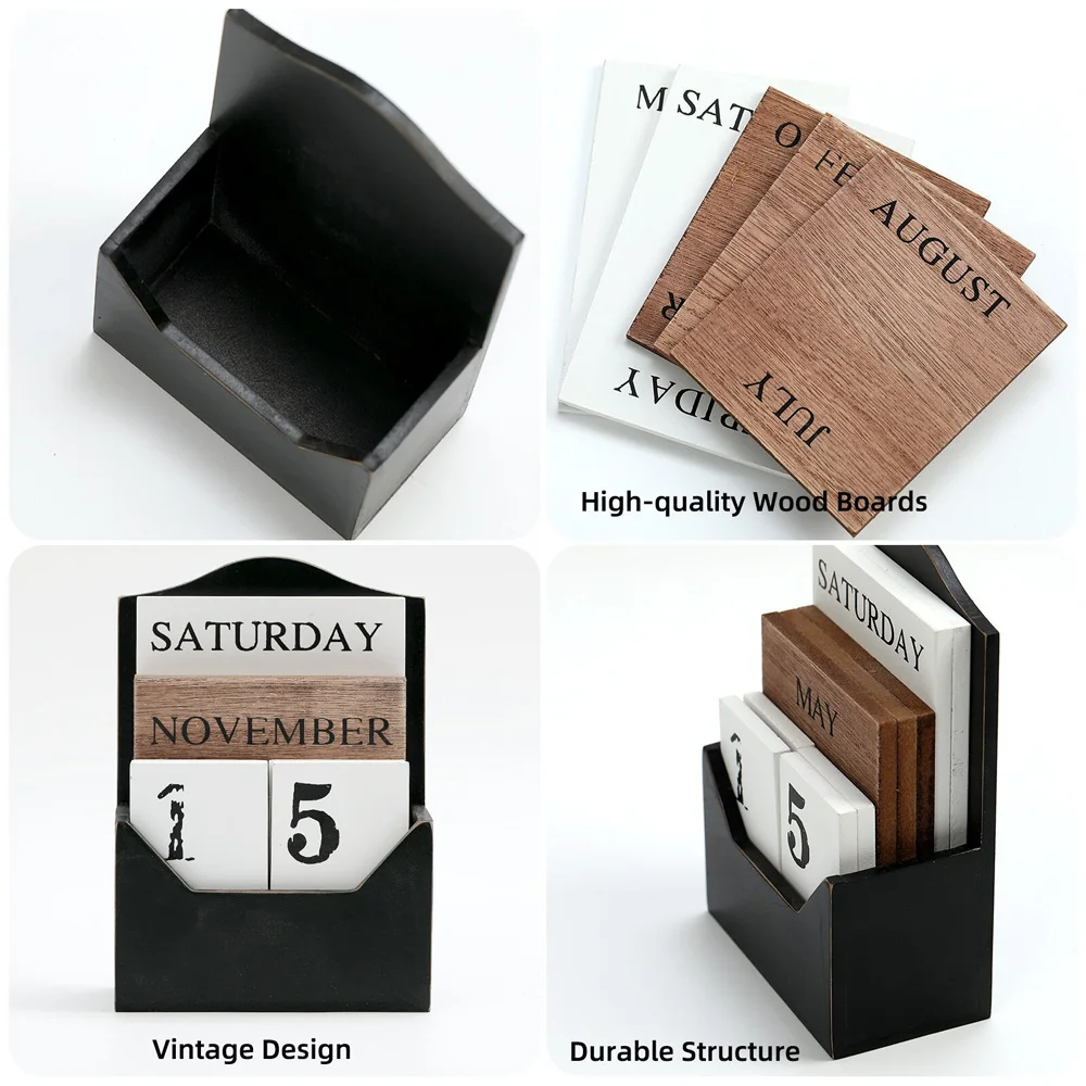 Vintage Black DIY Perpetual Calendar,Desktop Wooden Block Decoraions,Home Office Supplies Decoration Arts & Crafts