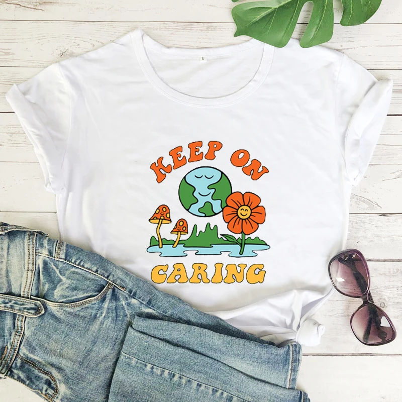 colored keep on caring tshirt vintage women graphic mushrooms vegan tee shirt