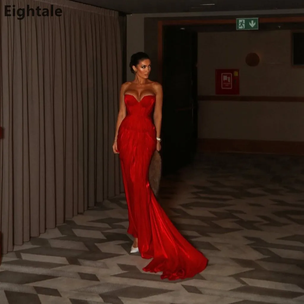 

Eightale 2025 Maxi Red Silk Sweetheart Pleated Mermaid Evening Dress Wedding Formal Prom Dress Dubai Party Gown Customized