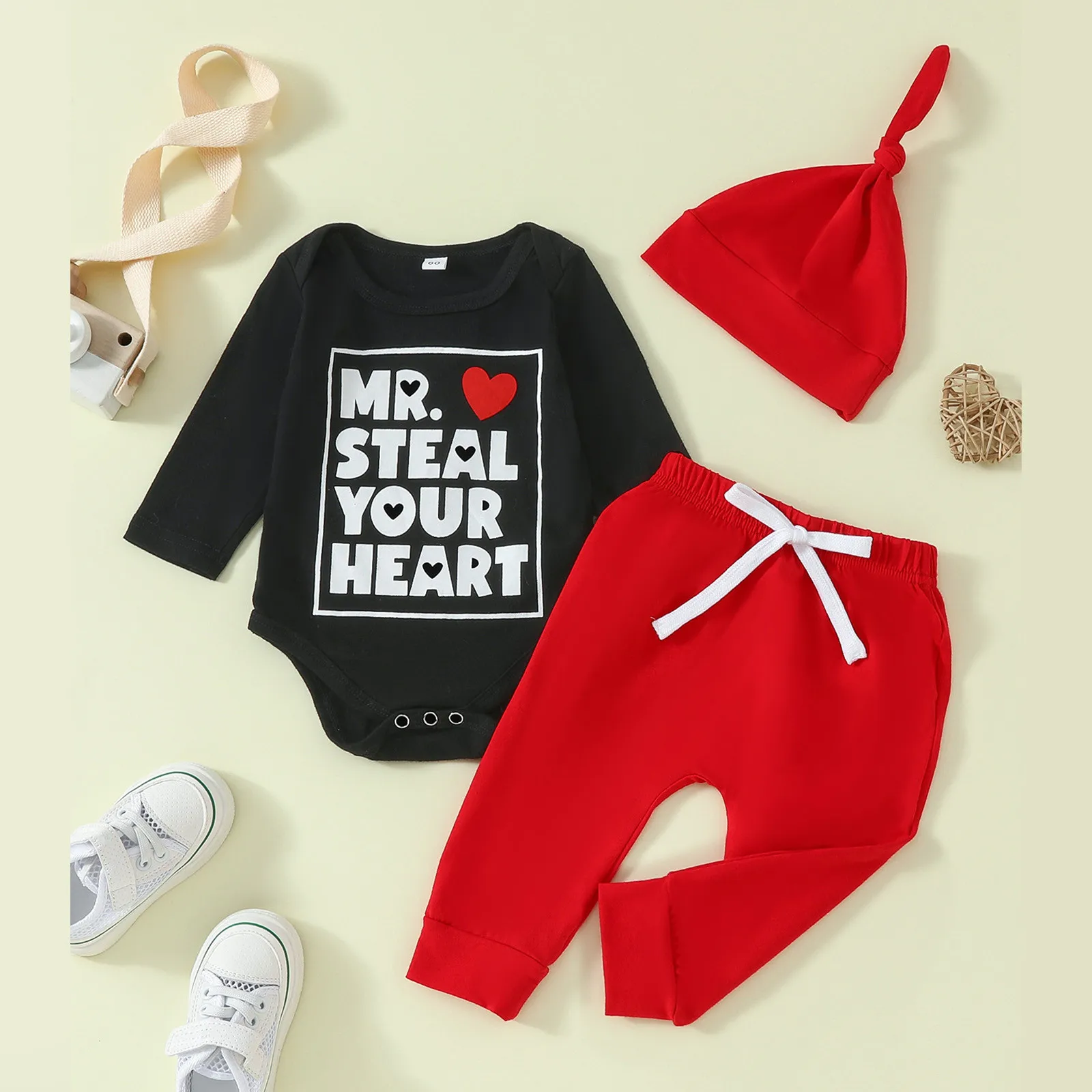 

Infant Baby Boys 3 Piece Clothes Sets Outfits Valentine's Day Letter Print Long Sleeve Rompers and Elastic Pants Hat Set 0-24M