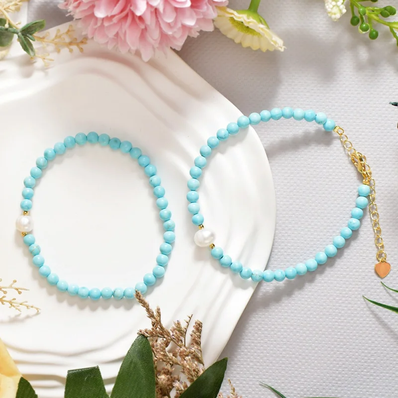 Handmade Fresh Turquoise Bracelet Water-Talking Pearl Tail Chain Bracelet Girlfriends Fashion High Sense Couple Same Style