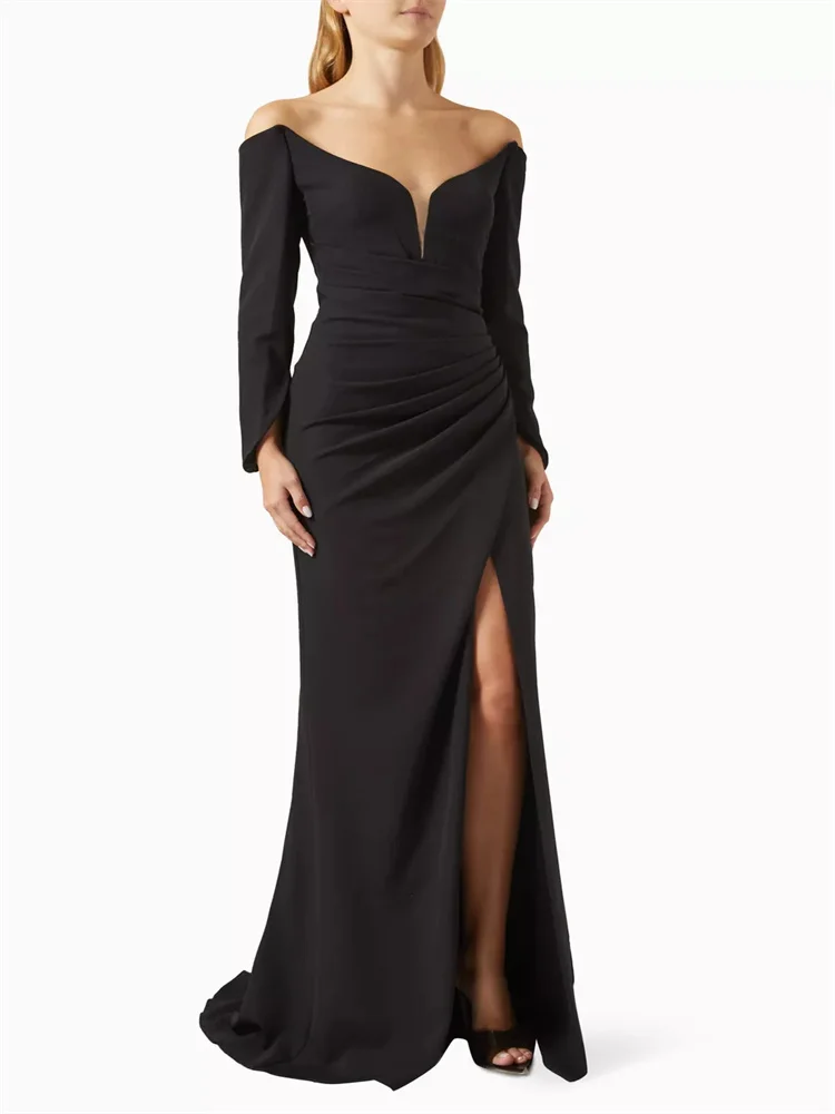 

Customized Off Shoulder Neckline Long Sleeves Crepe Evening Dress Open Back Zipper Floor Length High Slit Sweep Train Gown 2025