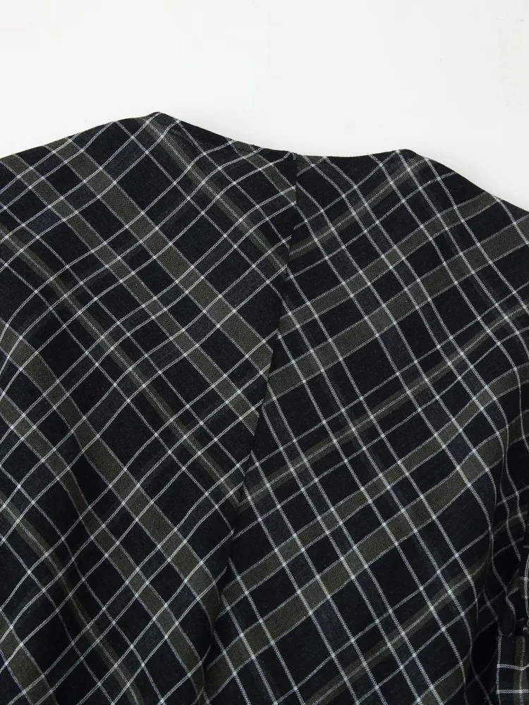 Jesienne sukienki w kratę z dekoltem w serek, długim rękawem, plisowane, damskie, z ozdobnymi guzikami, sukienki o średniej długości, damskie, codzienne, na wakacje na plaży.