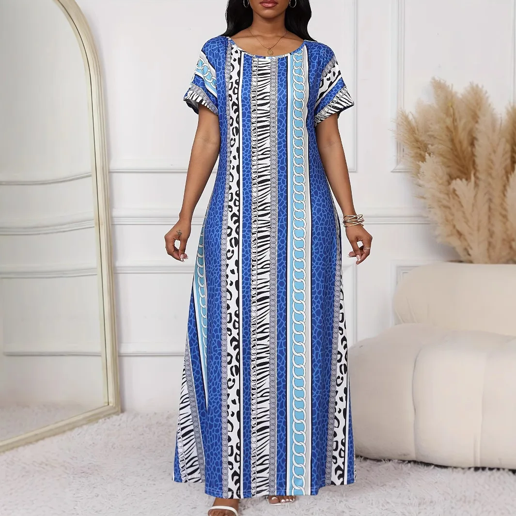 

Large size temperament blues leopard print chain print long skirt short sleeved round neck loose slimming casual dress