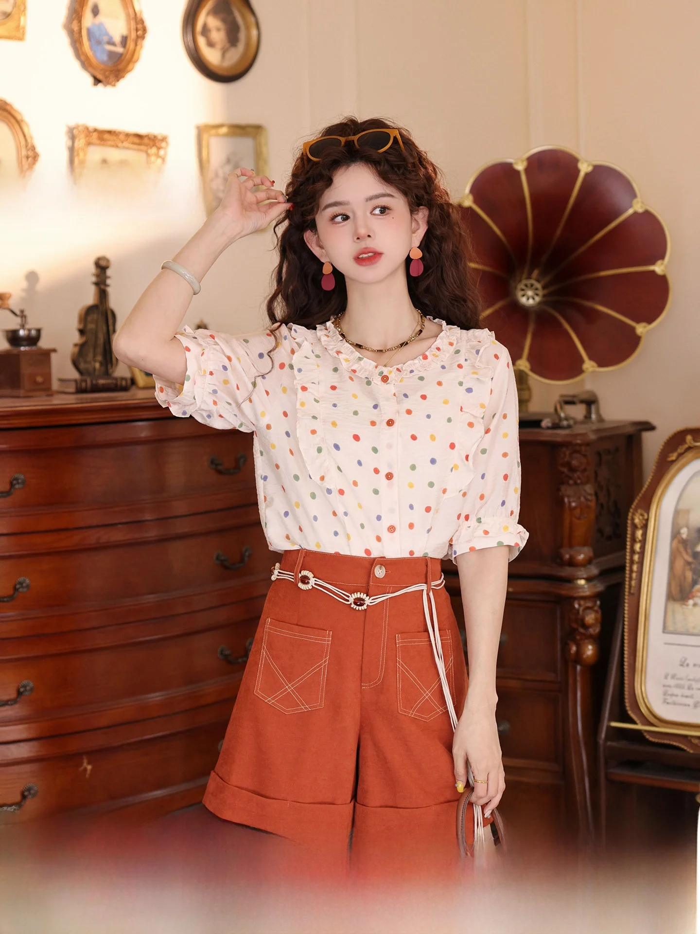 

Polka Dot Shirt Women's Summer Loose Gentle Sweet Top Chen Jiajie Blooming Vintage Style Bubble Sleeve Frock Coat