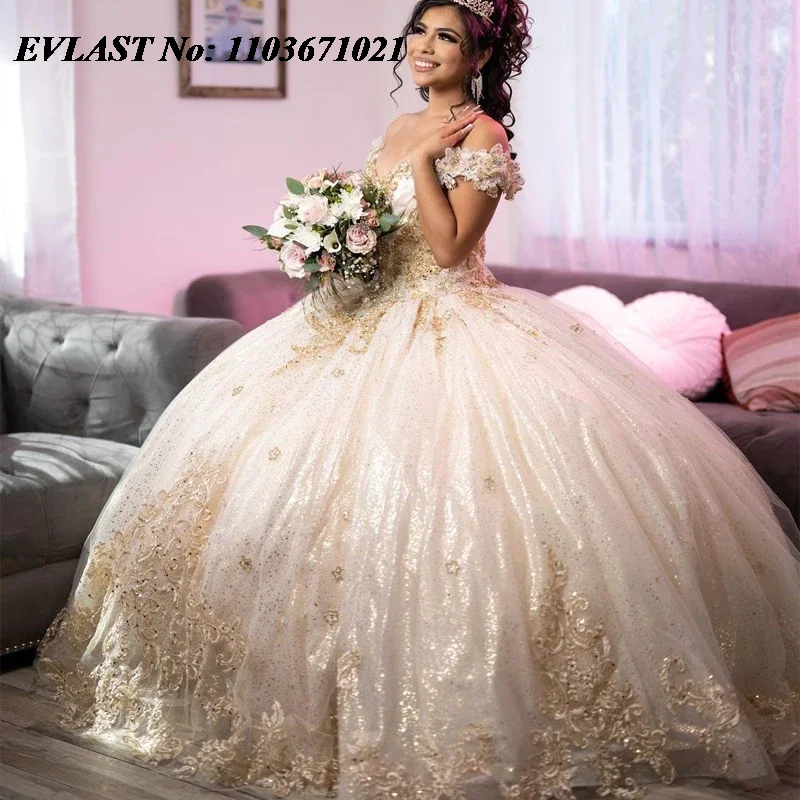 EVLAST Personalizzato Champagne Abito Quinceanera Abito di Sfera Oro Applique Perline Corsetto Messicano Dolce 16 Abiti Da 15 Anos SQ560