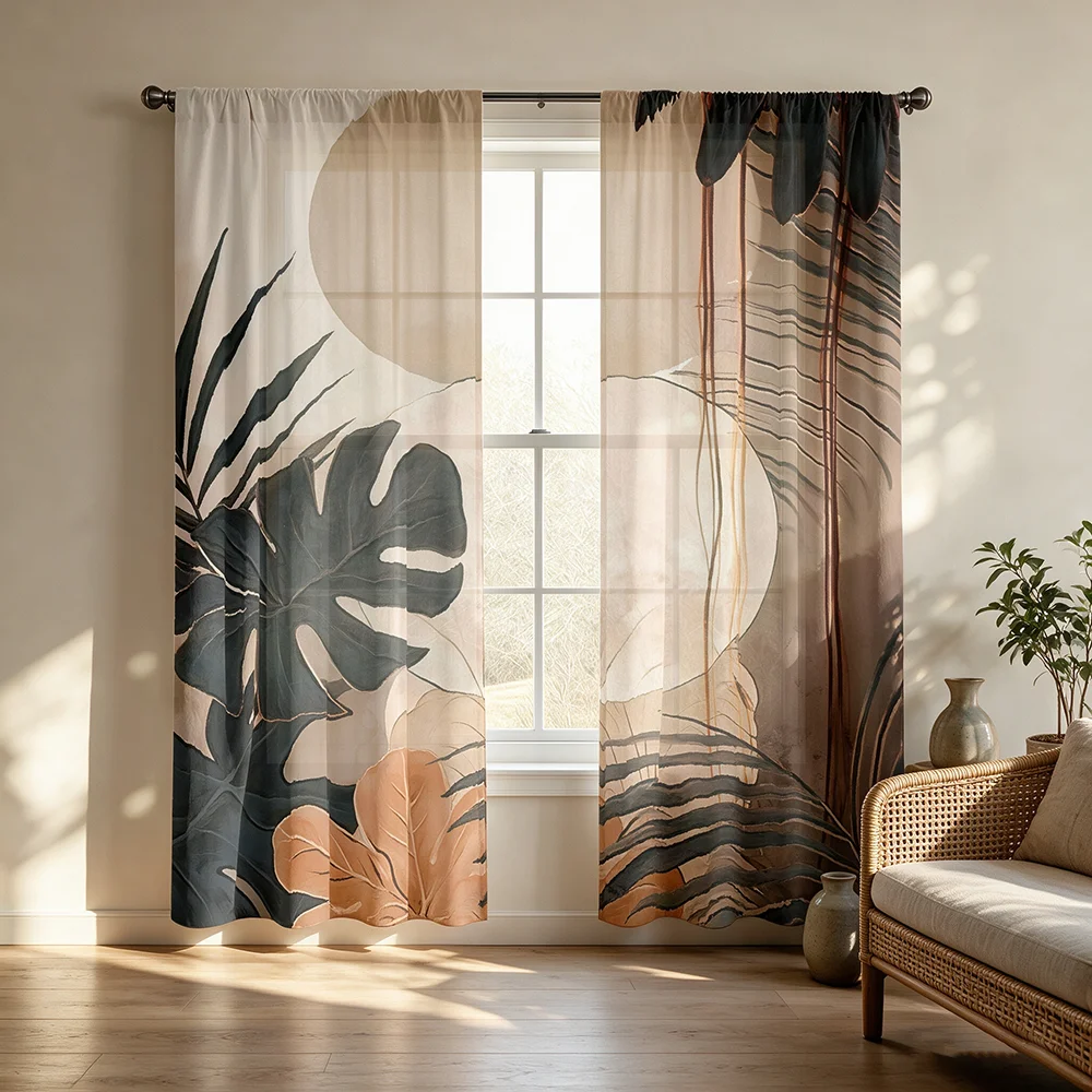 2pcs Earthy Tone Boho Botanical Curtains, Brown Tropical Monstera Palm Leaf Print Light Filtering Window Drapes