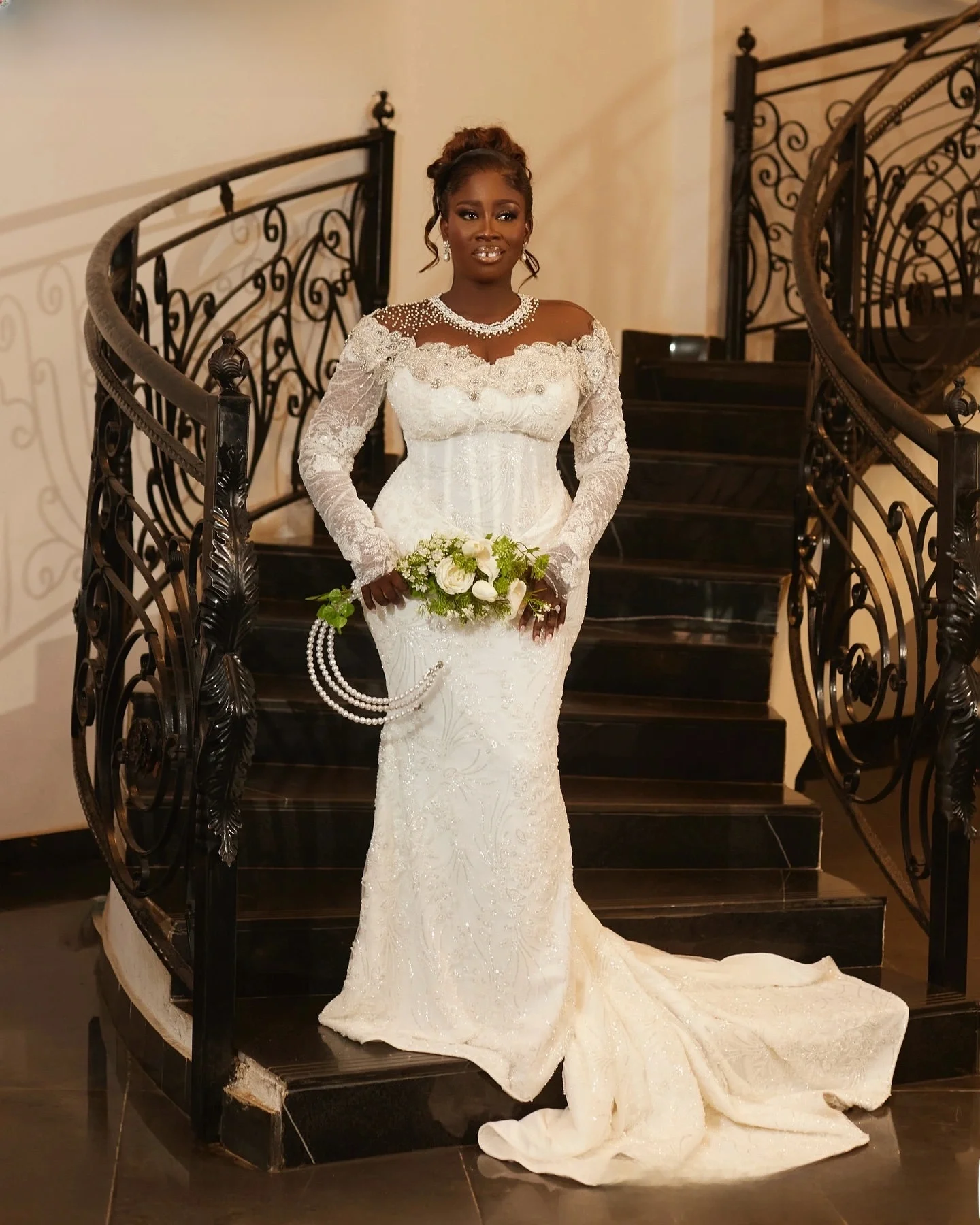 Robe De mariée africaine personnalisée avec perles scintillantes et cristaux, avec jupe amovible, manches longues