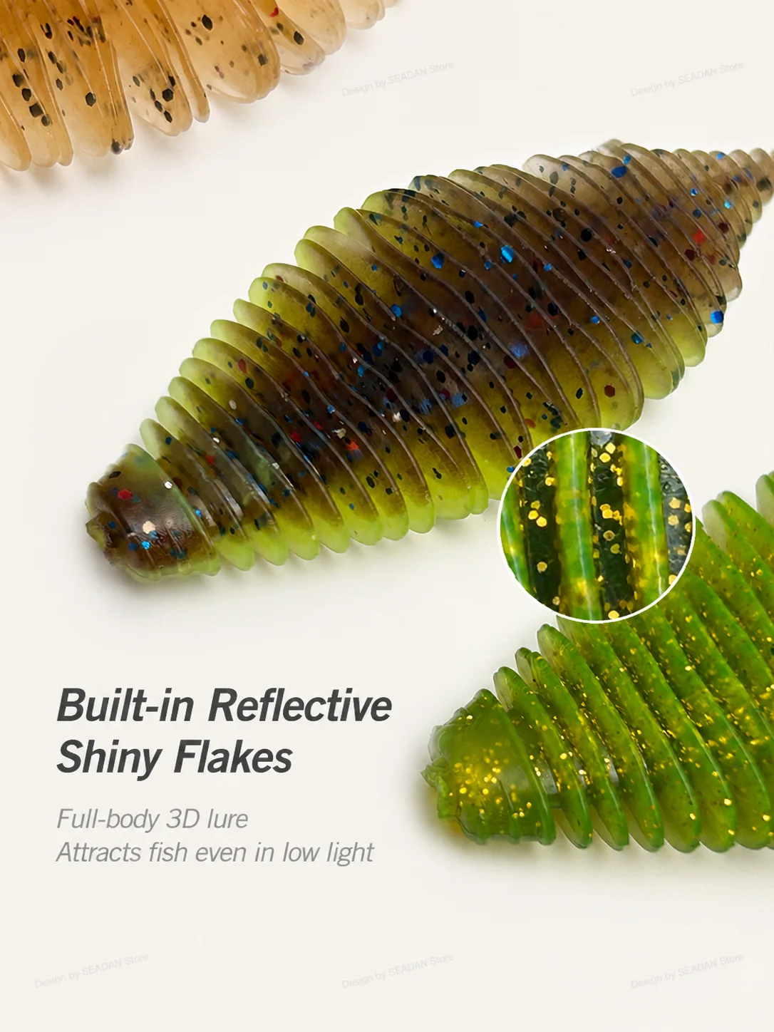 Hopeblaze Needle Tail Soft Worm Lures, 5 Stück, gerippter, flacher Blatt-Raupenköder mit Schweinehautduft, verschiedene Größen für Barsch, Brassen, Süßwasser – Detail 4