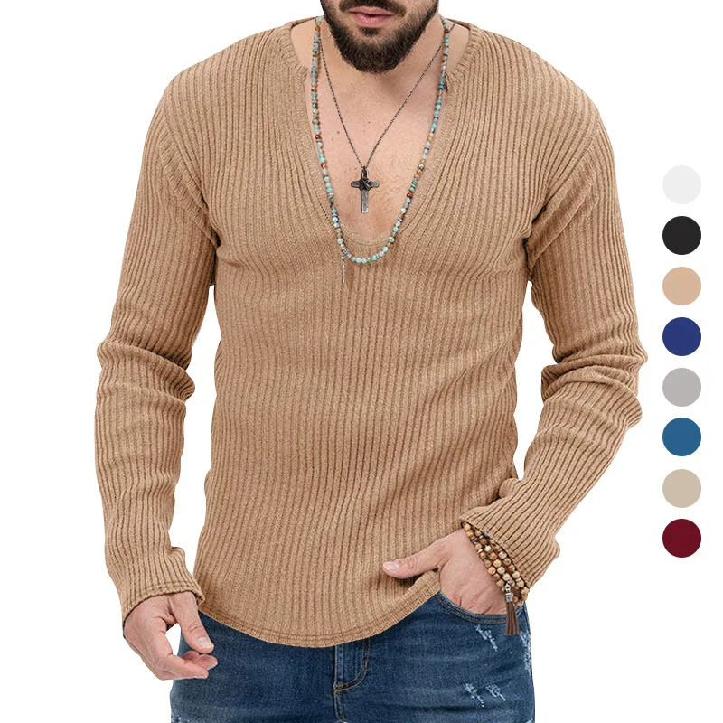 

Men's 2024 autumn and winter new sweater casual knitted solid color slim fit v-neck gentleman men's long-sleeved t-shirt trui