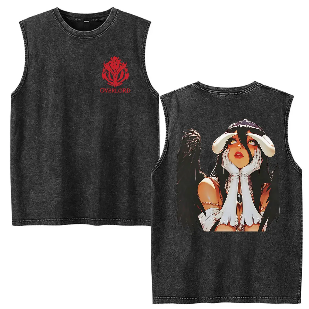 Vintage Washed Ves Anime Albedo Overlord Graphic T Shirt Men Women Tank Top Fashion Cute Short Sleeve Cotton T-shirts Streetwear