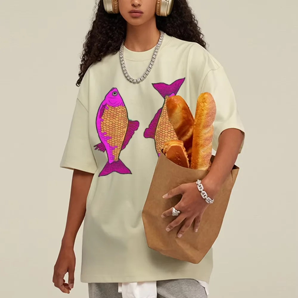 Fluorescent Goldfish Lucky Printing T-Shirt Men's And Women's Same Pure Cotton Summer Designer Round Neck New Short Sleeves