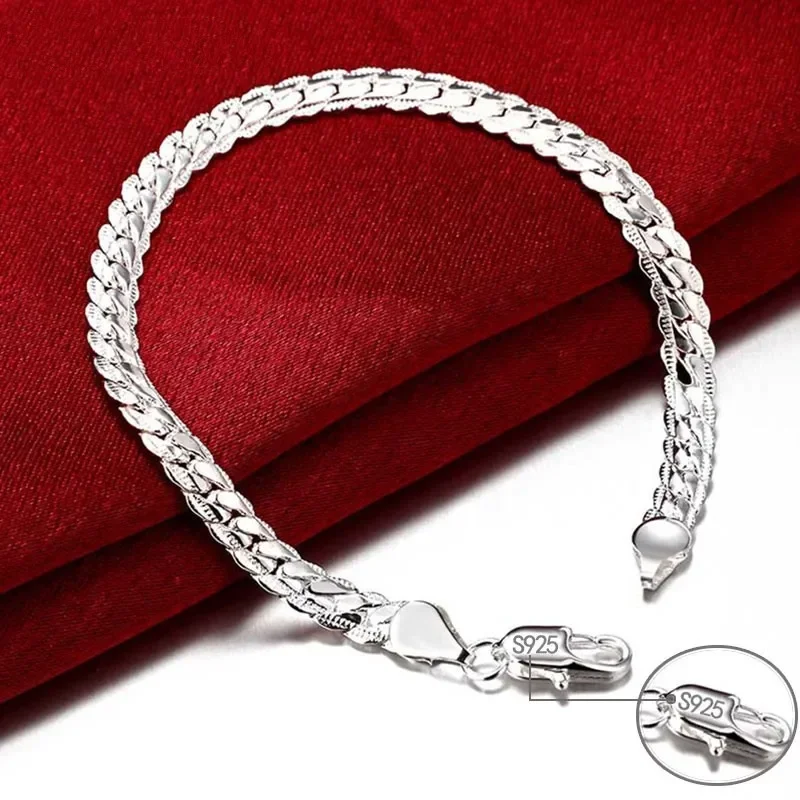 925 Sterling Silver Bracelet 6mm 18/20cm Flat Side Chain Lobster Clasp for Woman Man Wedding Engagement Party Jewelry Gift