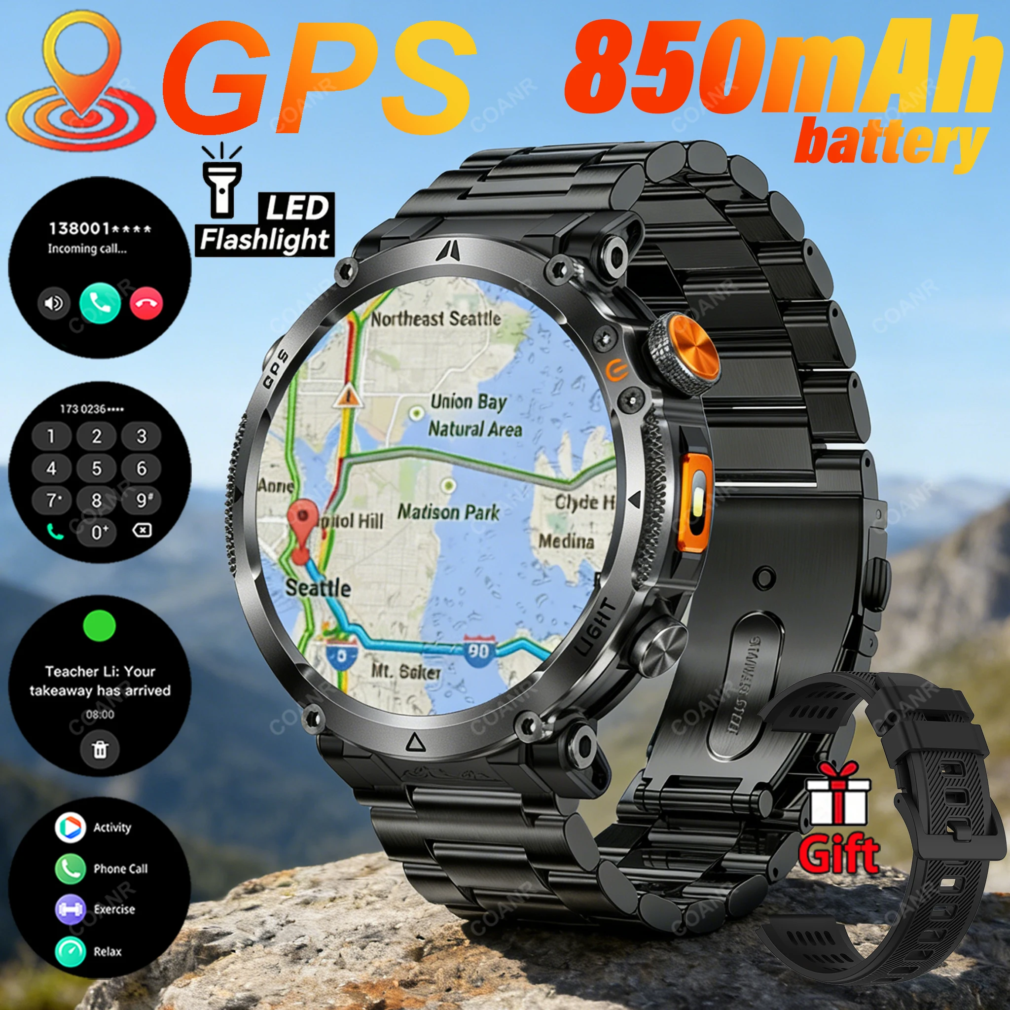 

New Outdoor GPS Sports Smart Watch Men 1.7" Screen Compass Flashlight 3ATM Waterproof Wireless Call Health tracker Smartwatch