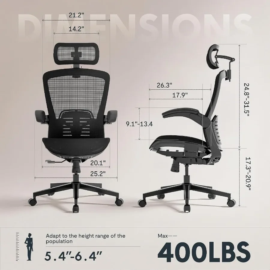 Ergonomic Office Chair for Home Office Gaming Working, Mesh OC3 Air-P Seat, Black, Flip-up Armrest and 8-Level Lumbar Support f