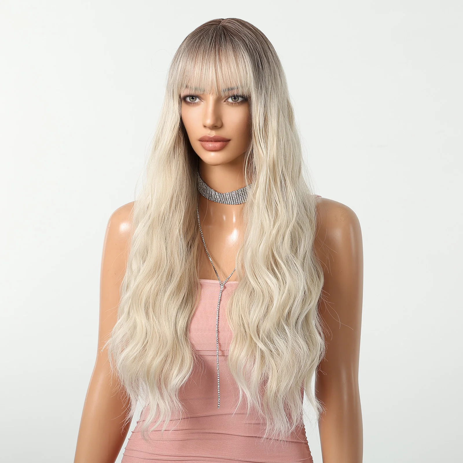 HENRY MARGU Platinum Blonde Synthetic Wigs Long Water Wavy Wig with Bangs Ombre Dark Roots Blonde Hair Heat Resistant Daily Wig