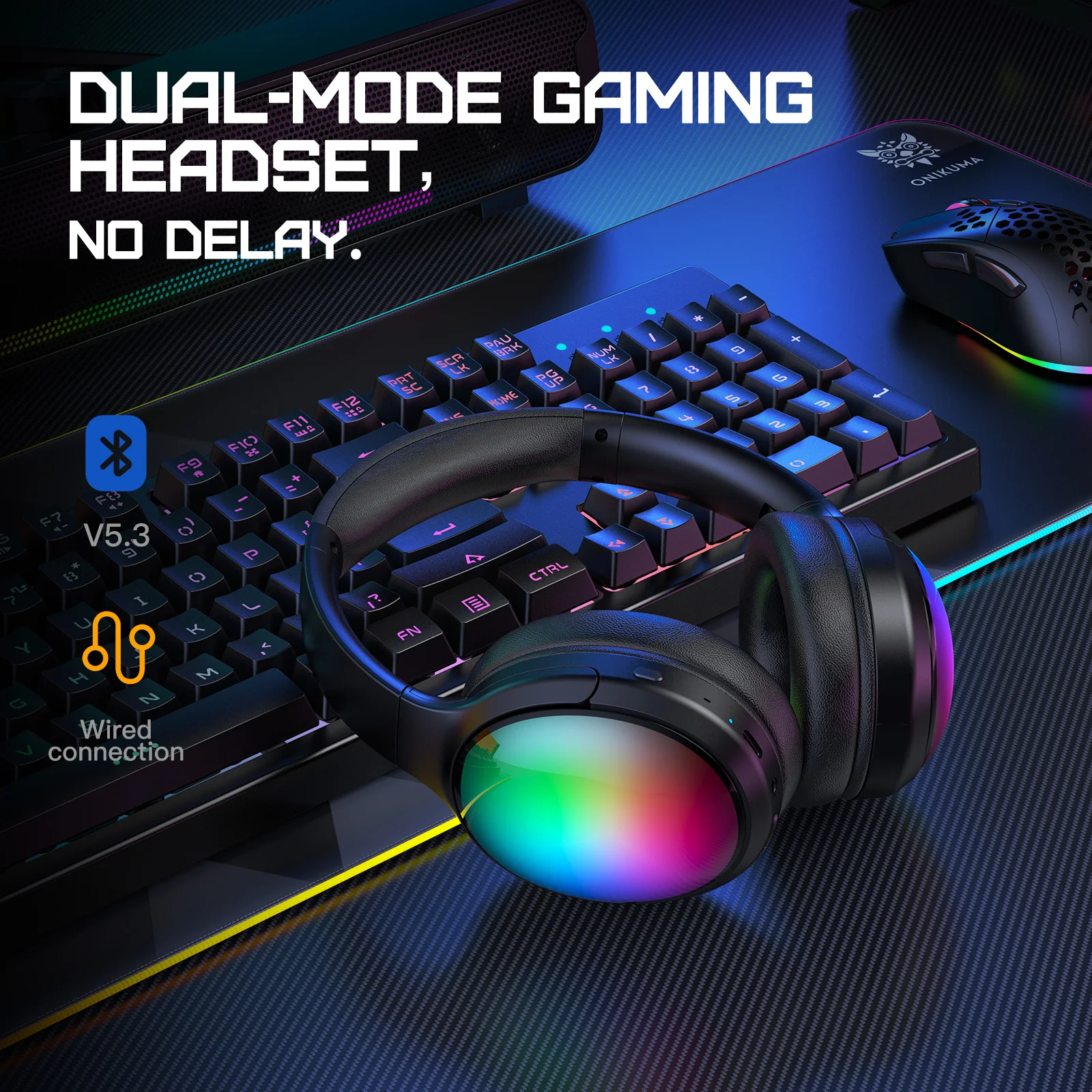ONIKUMA B3 Wireless-compatible Over-Ear Headphones Foldable Wireless Earphone Headset with RGB LED Light for Gaming PC