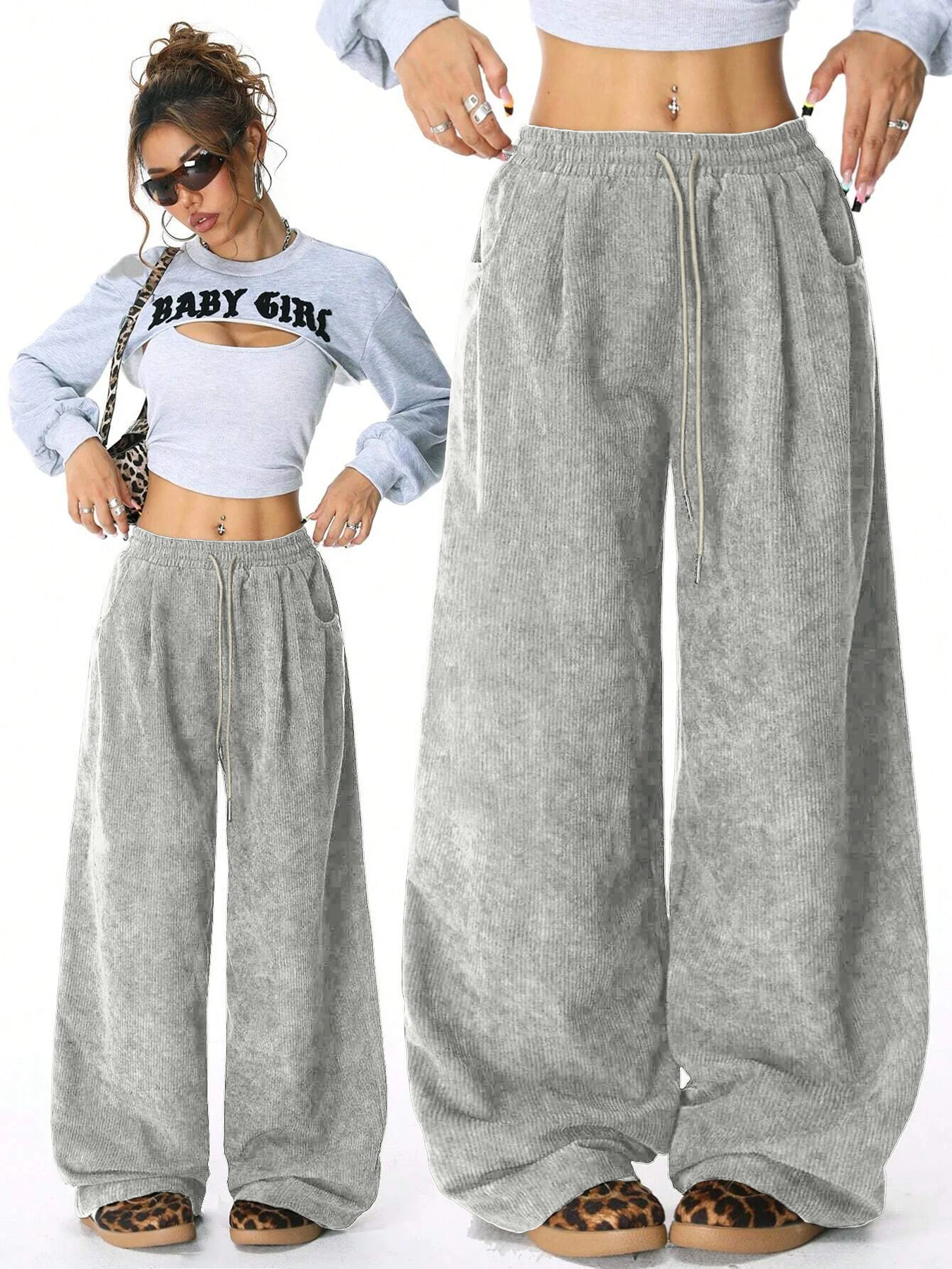 Damen Retro Cord Cargo-Hose Lässige Kordelzug Gerade Sporthose Fließende Alltags-Pendlerhose mit Weitem Bein – Detail 5