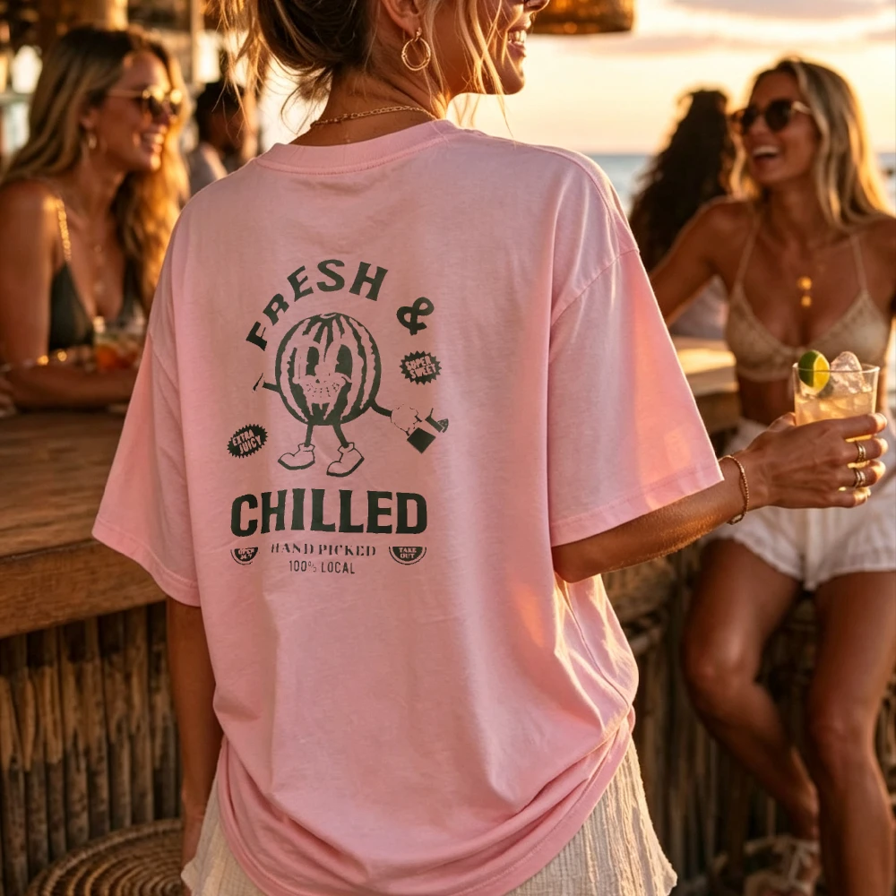 Oversized Watermelon Print Short Sleeve T Shirt Fresh Chilled Pink Relaxed Fit Casual Summer Top