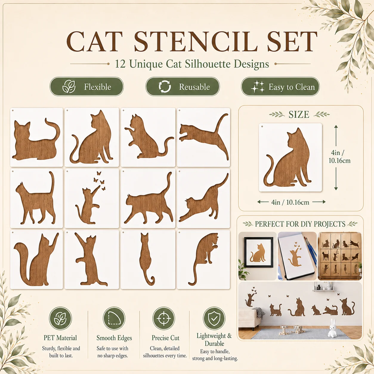 12 Plantillas Reutilizables de Gatos para Pintar en Madera, Plantilla de PET con Temática de Animales para Manualidades, para Pintar en Madera, Paredes y Tela