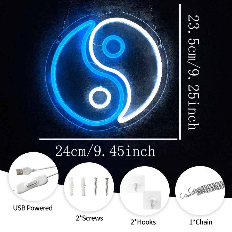 음양 네온사인, LED 태극 아이콘, USB 전원, 방, 집, 게임룸 및 맨케이브의 예술적 장식에 사용.