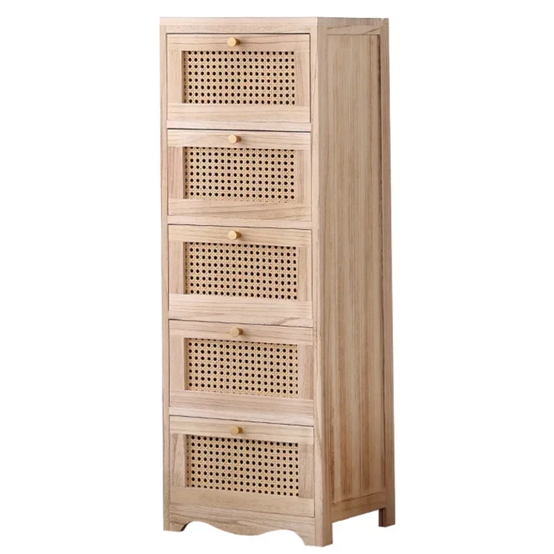 Nordic Wood-style Storage Cabinet Rattan Multi-layer Meal Side Cabinet Bedroom Chest of Drawers Stable Load-bearing Night Table