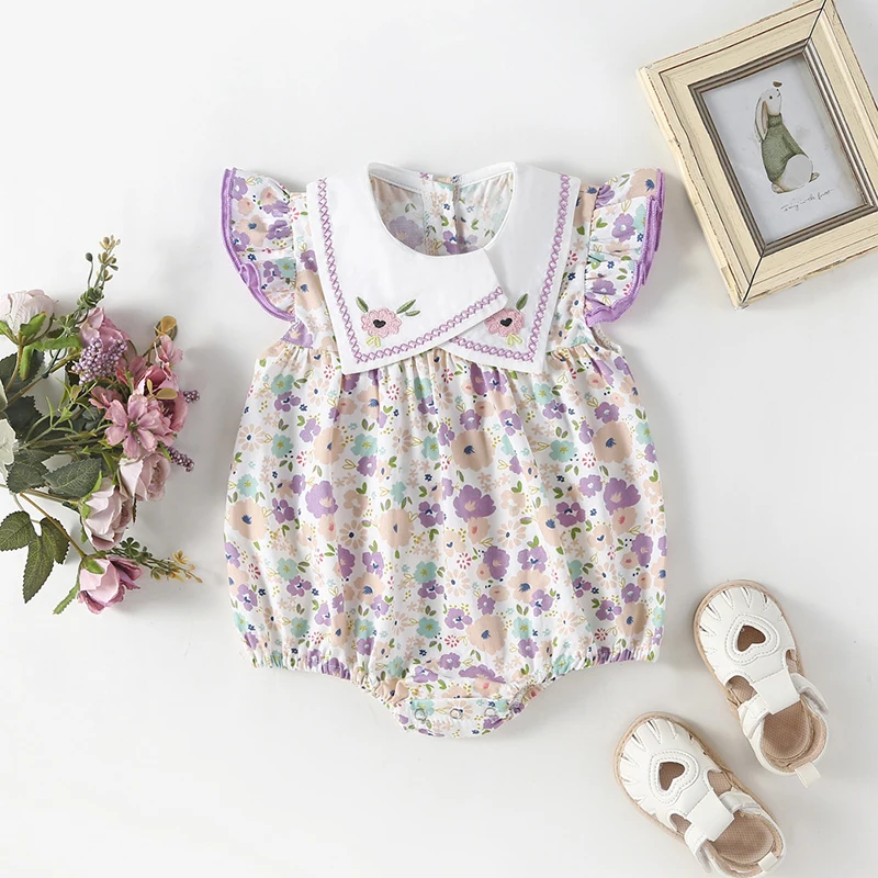 2024 New Summer Sweet Floral Bodysuits For Baby Girls Flying Sleeve Infant Newborn One Piece Irregular Collar Baby Clothes